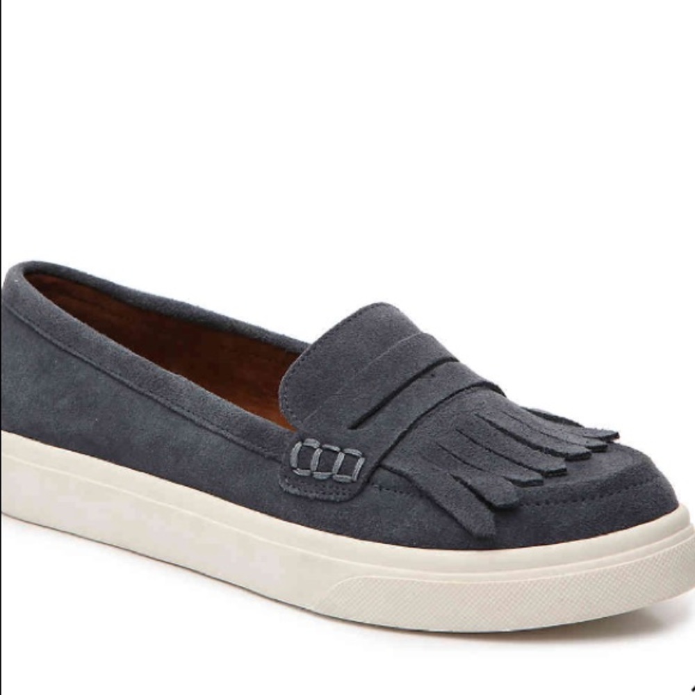 Crown Vintage Blue Suede Fringe Loafers, NEW
